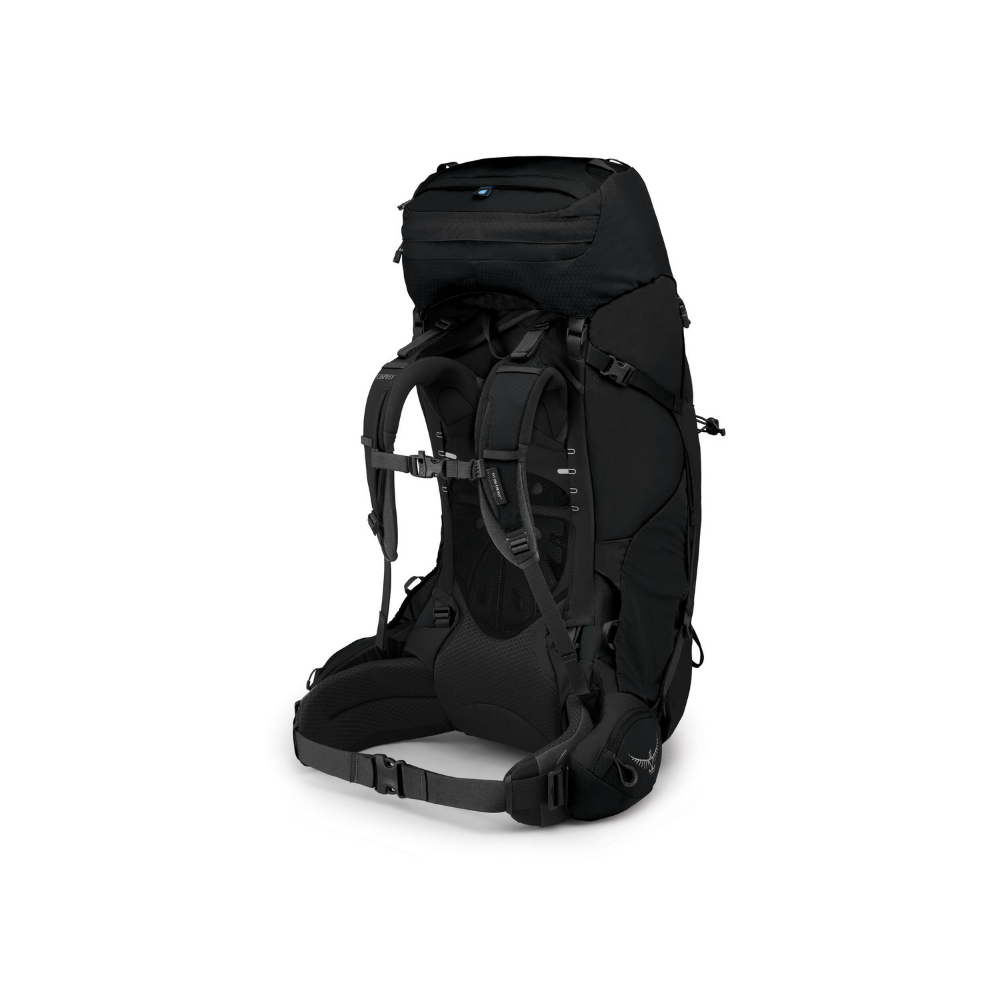 Back view of Osprey Aether 65 pack Black featuring aluminum frame system and expedition-grade load management features