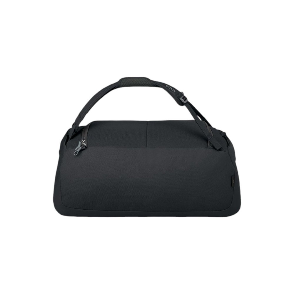 Back view of Osprey Daylite Duffel 60 black featuring SpacerMesh backpack mode with expedition comfort padding