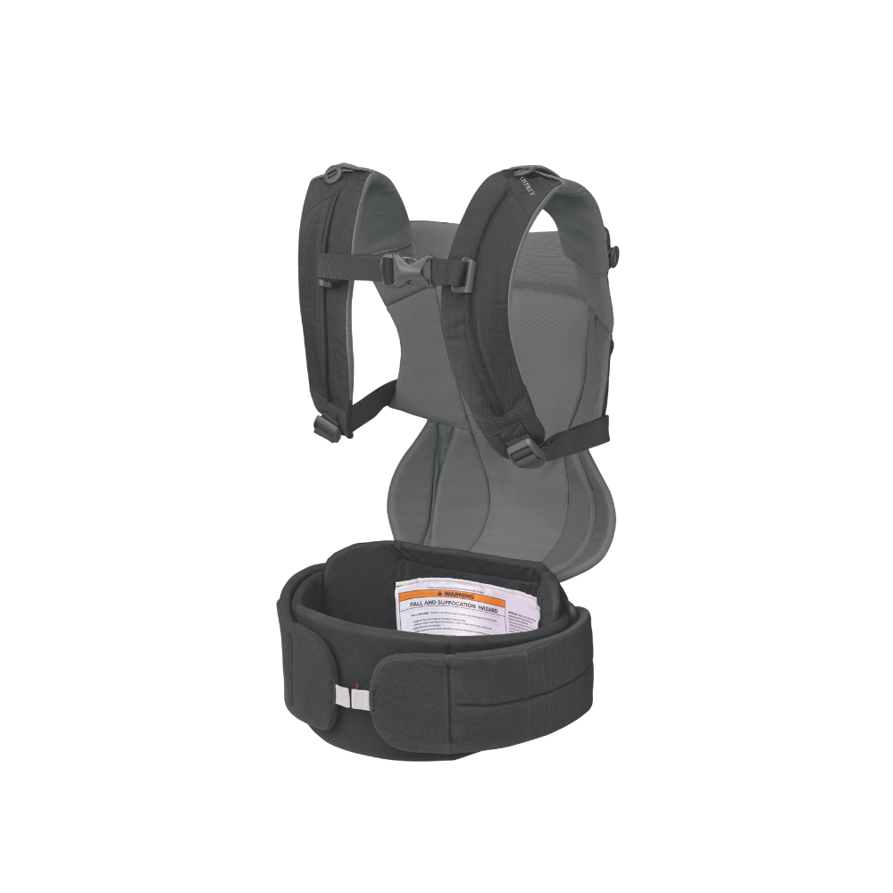 Back view of Osprey Poco Soft Child Carrier LT Black featuring ventilated foam shoulder harness with breathable comfort