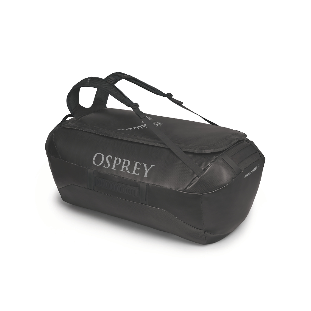 Back view of Osprey Transporter 120 Black featuring padded backpack mode with ultimate capacity command comfort system