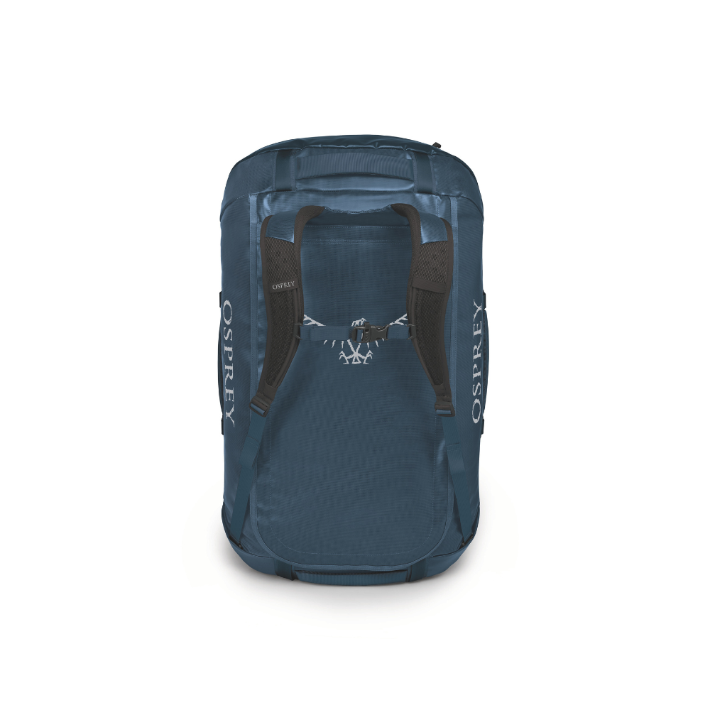Back view of Osprey Transporter 95 Venturi Blue featuring padded backpack mode with maximum capacity expedition comfort