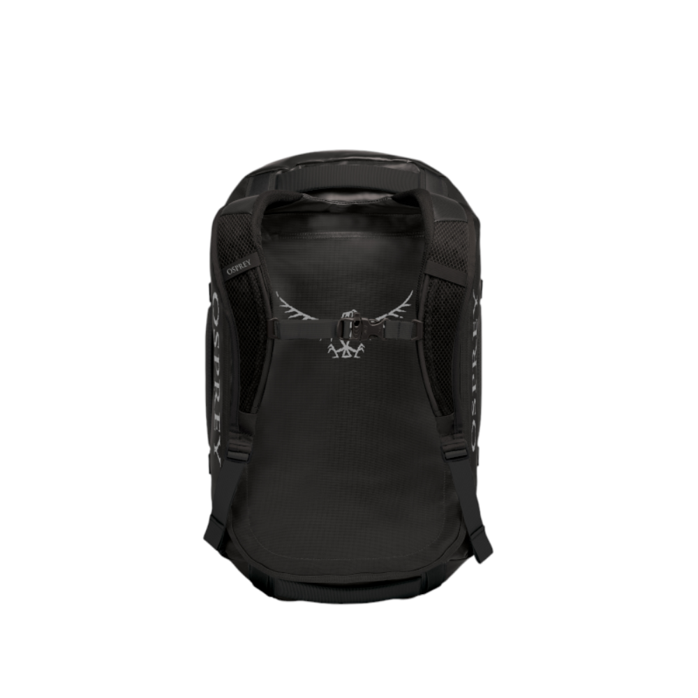 Back view of Osprey Transporter Duffel 40 Black featuring padded backpack mode with professional expedition comfort