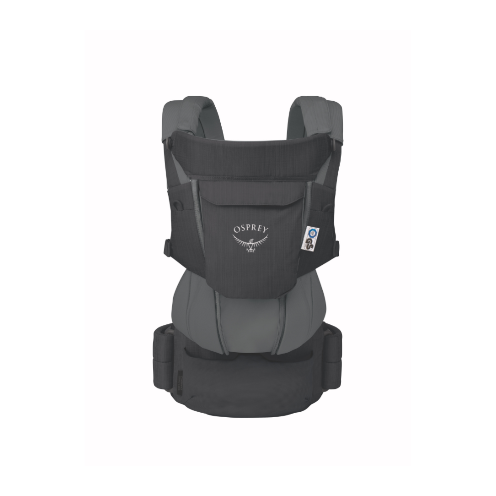 Black and gray Osprey baby carrier on a white background