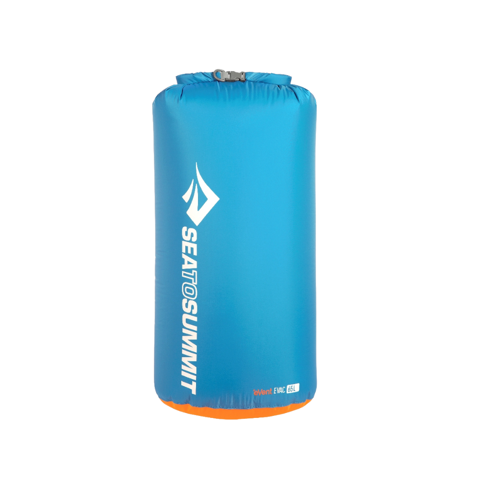 Blue compression sack with Sea to Summit logo on a white background