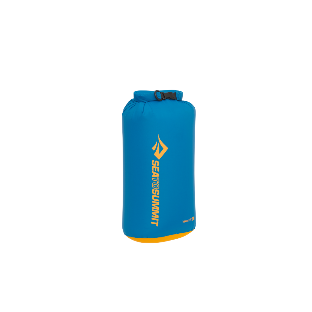 Blue dry bag with yellow Sea to Summit logo on a white background