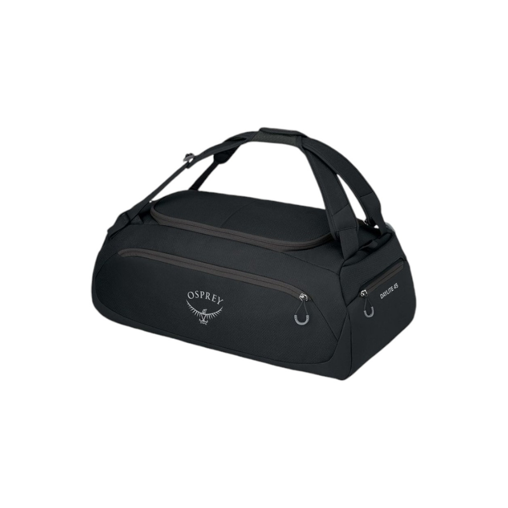 Front view of Osprey Daylite Duffel 45 black showing large U-zip access and convertible harness system