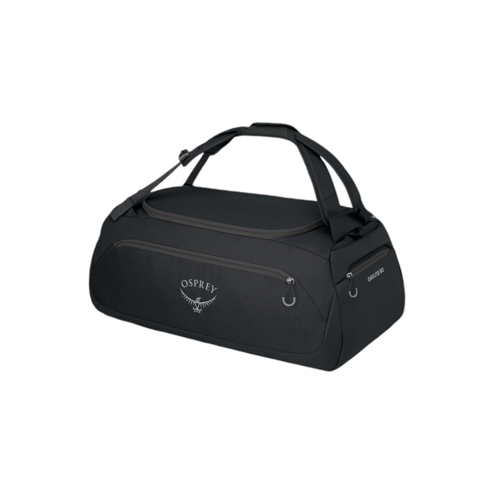 Front view of Osprey Daylite Duffel 60 black showing maximum capacity U-zip access and expedition construction