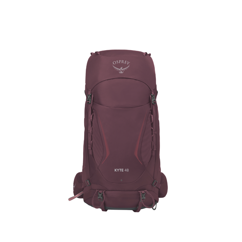 Front view of Osprey Kyte 48 women's heavy-duty backpack Elderberry Purple showing rucksack construction and sophisticated purple finish