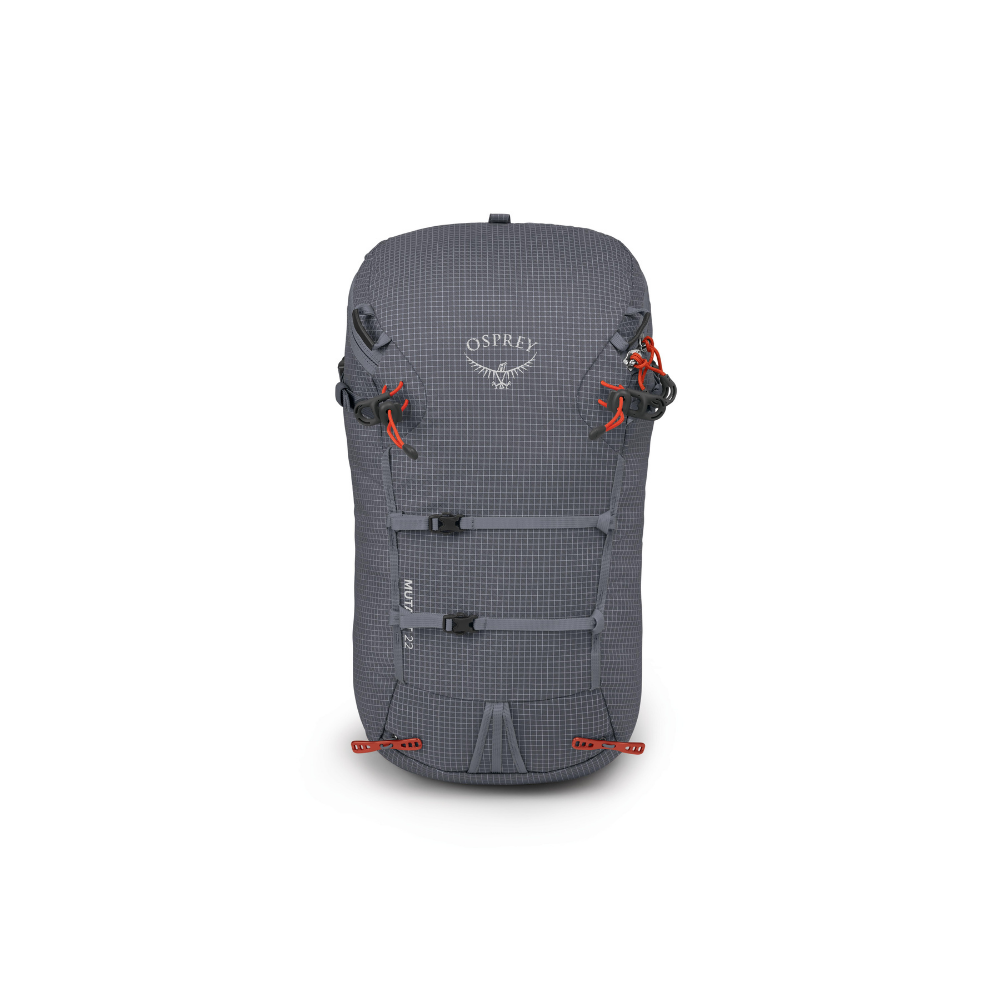 Front view of Osprey Mutant 22 Tungsten Grey showing technical alpine construction and professional climbing features