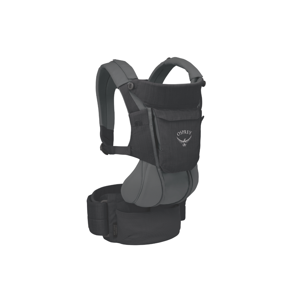 Front view of Osprey Poco Soft Child Carrier LT Black showing lightweight frameless construction and baby carrier features