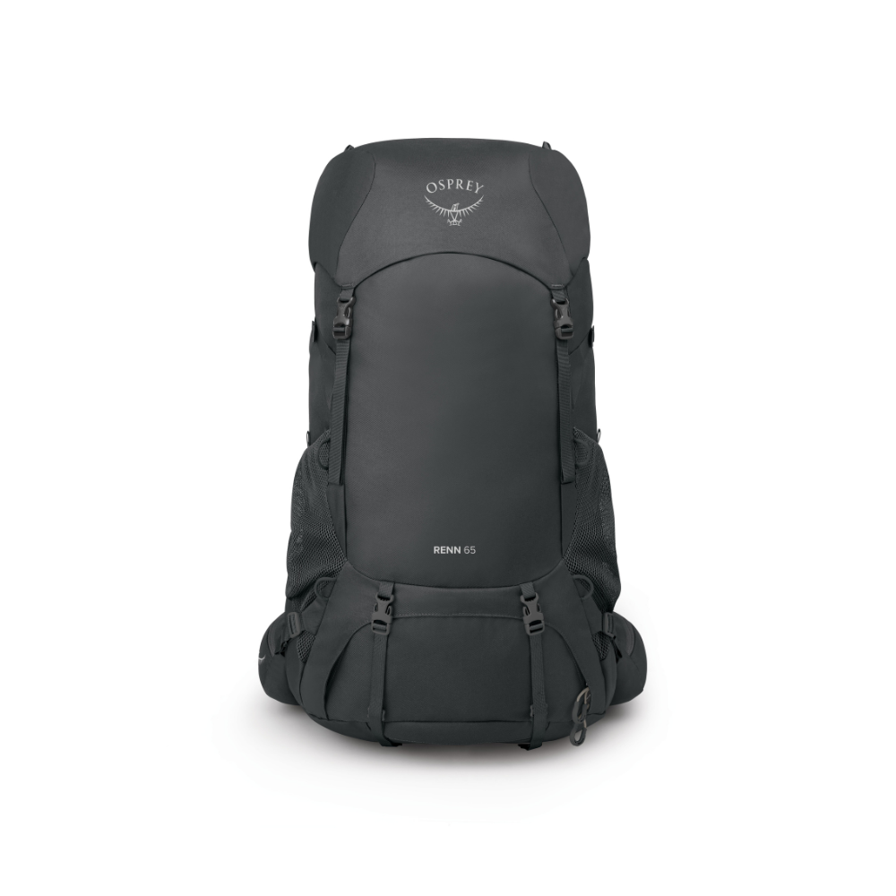 Front view of Osprey Renn 65 Dark Charcoal Grey Wolf showing women's-specific construction and professional hiking features
