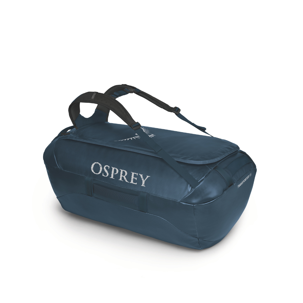 Front view of Osprey Transporter 95 Venturi Blue showing maximum expedition capacity and distinctive NanoTough construction