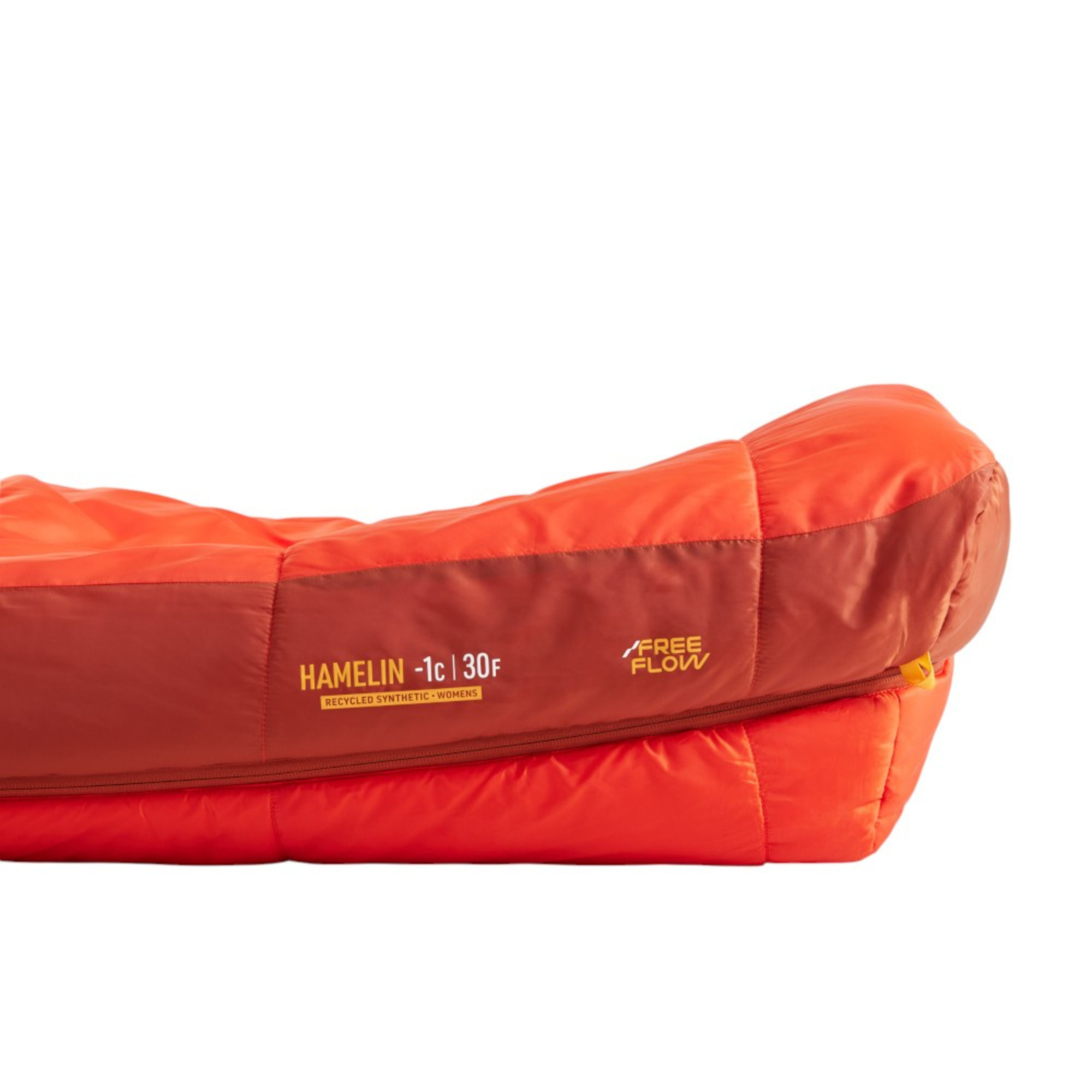Orange sleeping bag with brand logos on a white background