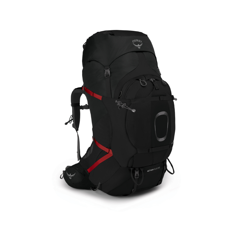 Side profile of Osprey Aether Plus 100 Black displaying absolute 100L maximum capacity and professional tactical styling