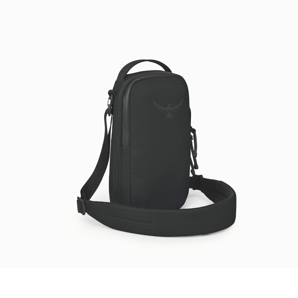 Side profile of Osprey Archeon Pouch black displaying expandable 3L capacity and YKK zipper system