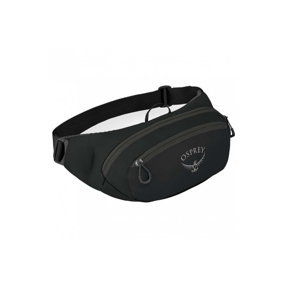 Side profile of Osprey Daylite Waist black displaying mesh lumbar padding and adjustable hipbelt system