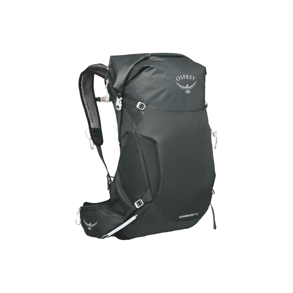 Side profile of Osprey Downburst 36 Dark Charcoal displaying AirSpeed suspension system and dual-compartment waterproof design