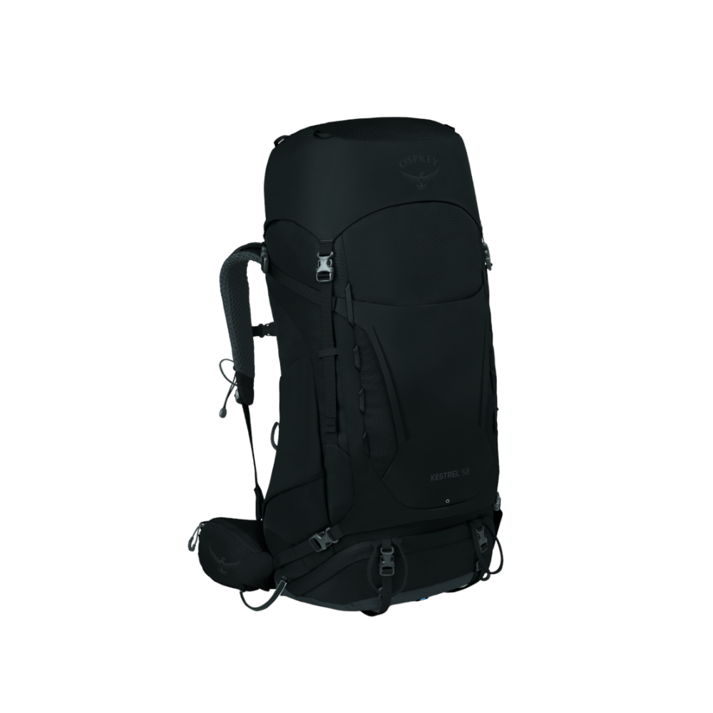 Side profile of Osprey Kestrel 58 Black displaying men's AirScape suspension and sleek tactical styling