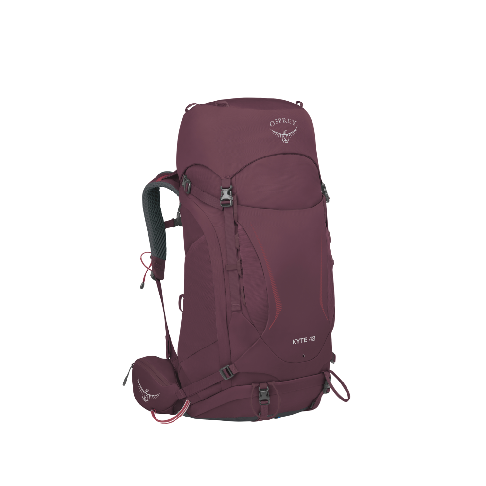 Side profile of Osprey Kyte 48 Elderberry Purple displaying women's AirScape suspension and elegant natural purple styling