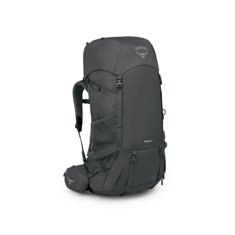 Side profile of Osprey Renn 65 Dark Charcoal Grey Wolf displaying AirSpeed ventilation system and 65L capacity