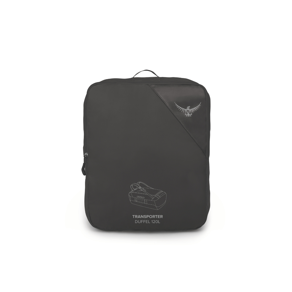 Side profile of Osprey Transporter 120 Black displaying award-winning stowaway harness system and tactical 120L command storage