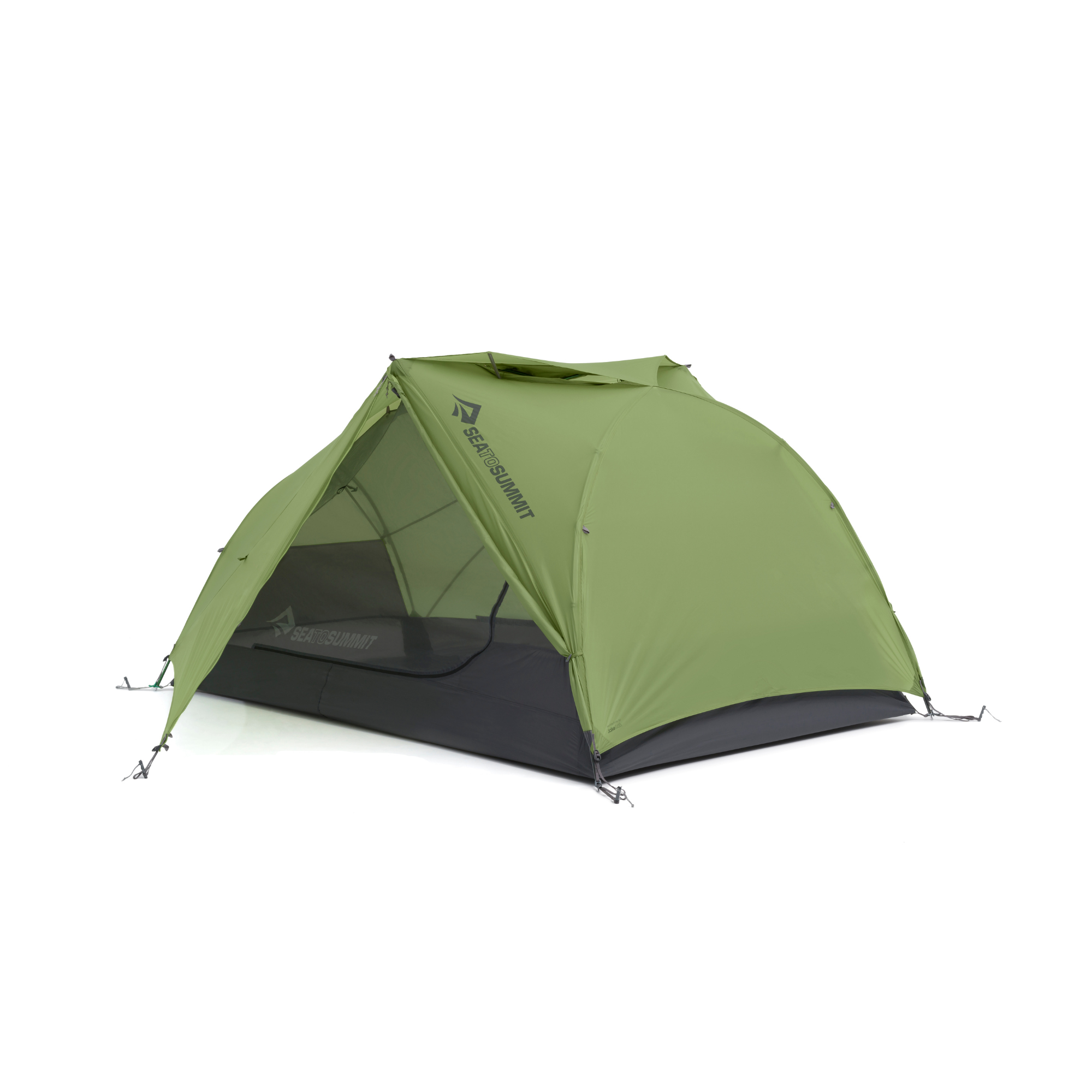 Green tent with a brand logo on a white background