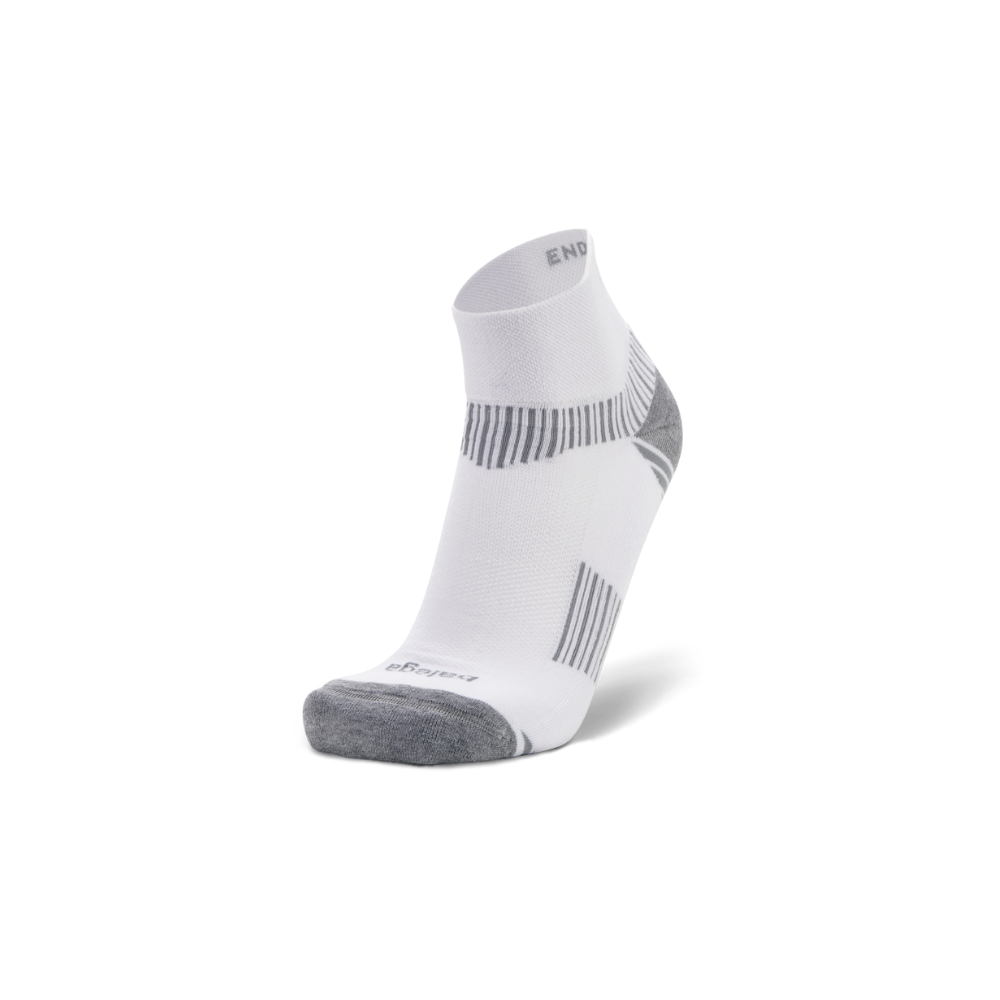 Balega Enduro quarter socks in white with V-Tech arch support and Drynamix moisture-wicking technology