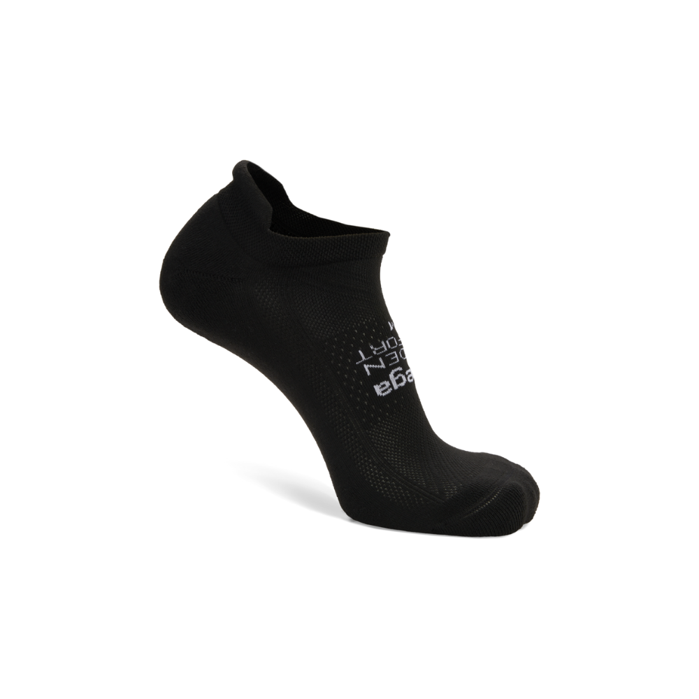 Balega Hidden Comfort running socks black side profile with high heel tab and no show ankle coverage