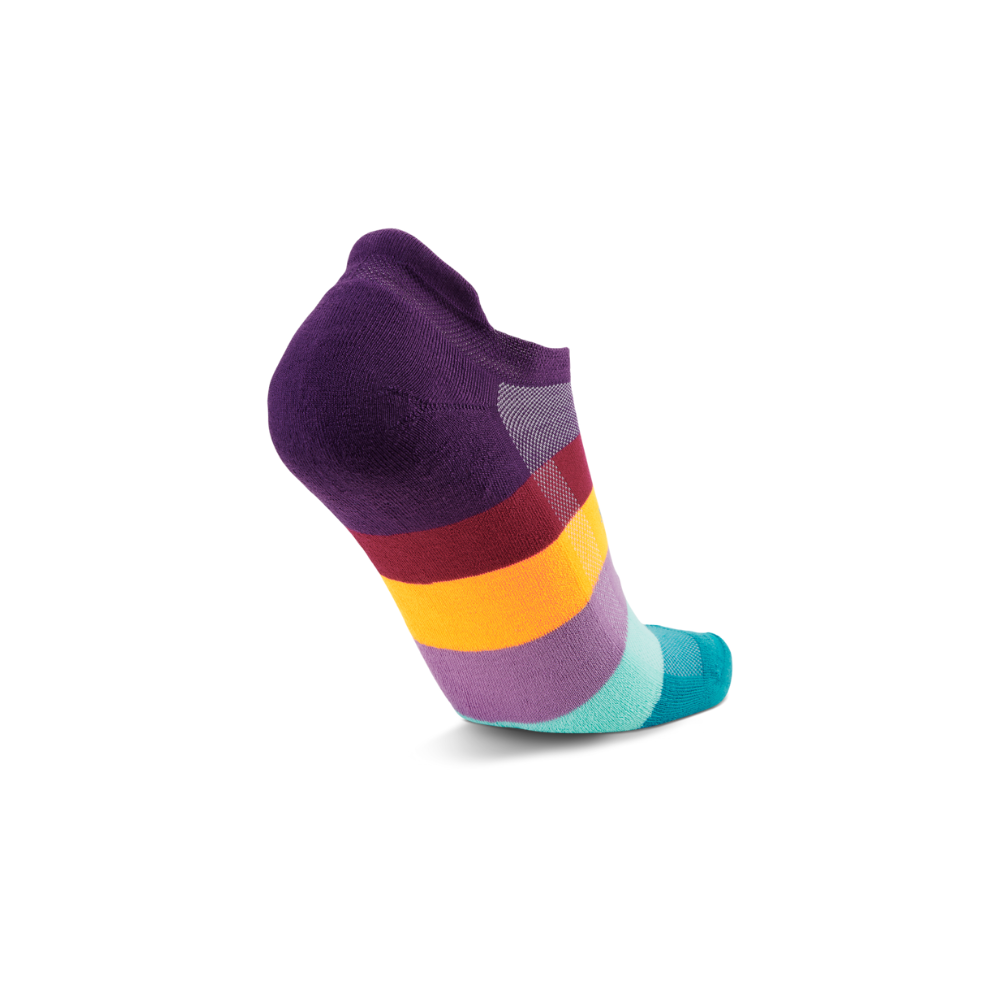 Balega Hidden Comfort running socks purple aqua showing deep heel pocket and reinforced construction