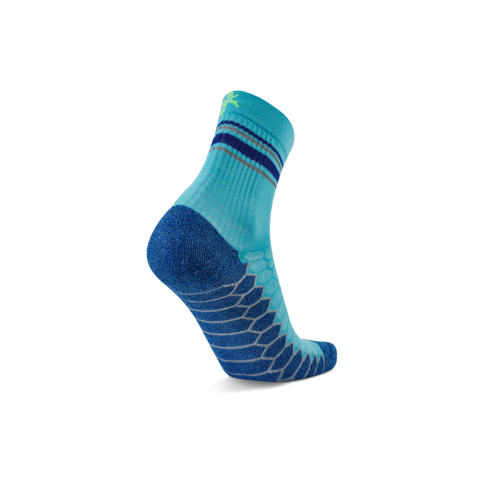 Balega Silver mini crew men's running socks blue showing deep heel pocket and reinforced stitching construction