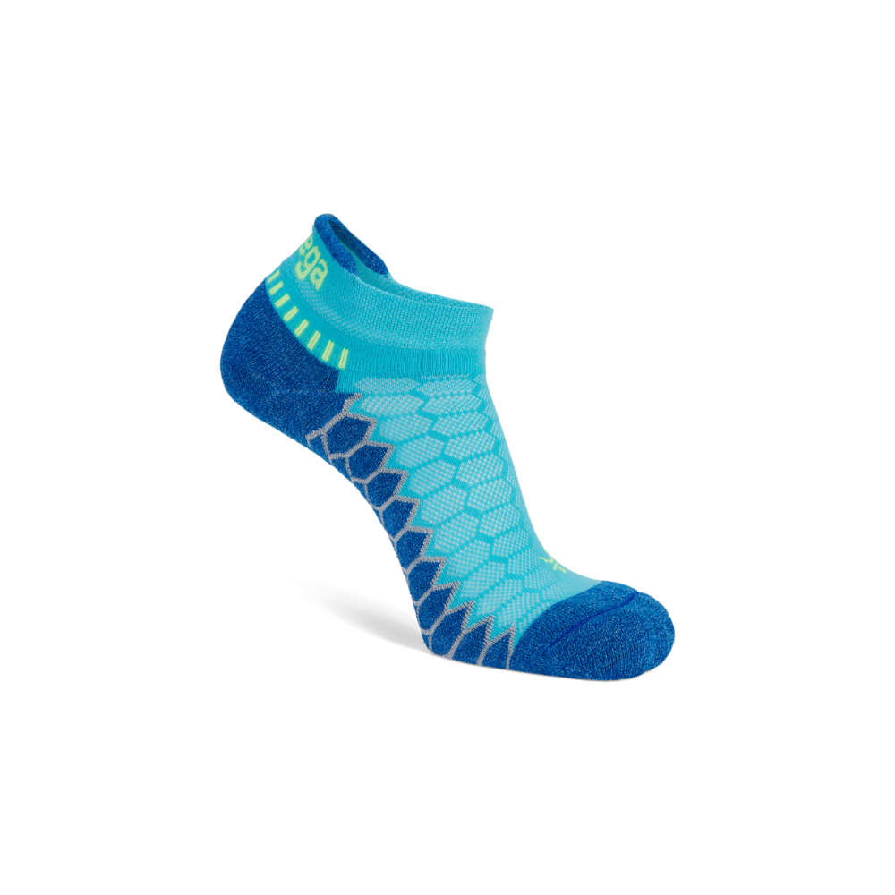 Balega Silver no show running socks blue side profile with seamless toe and compression-fit contours