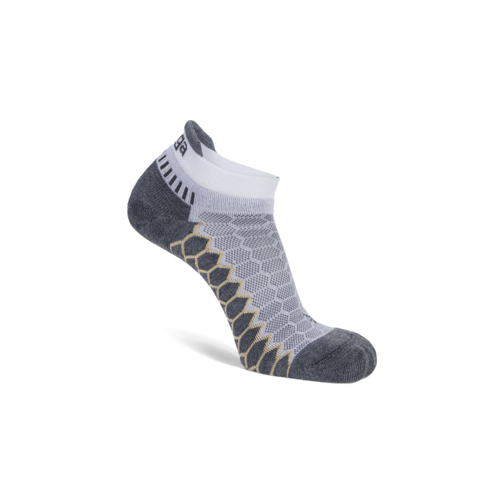 Balega Silver no show running socks white grey side profile with seamless toe and compression-fit contours