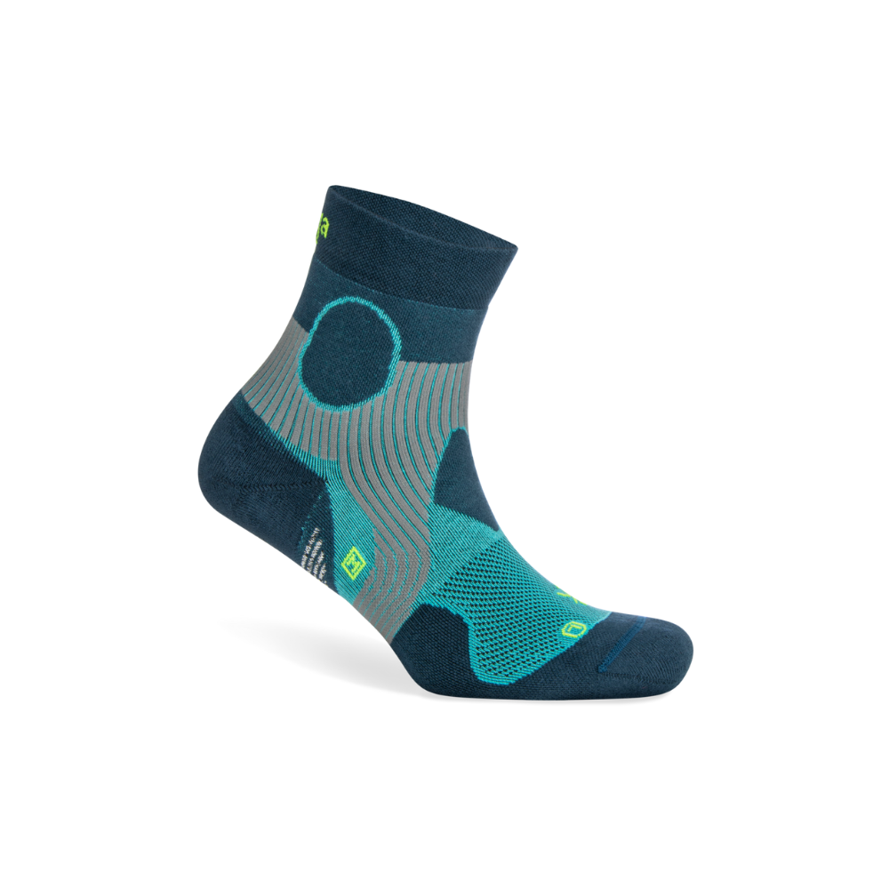 Balega Support running socks blue side profile with high heel tab and engineered ankle support design