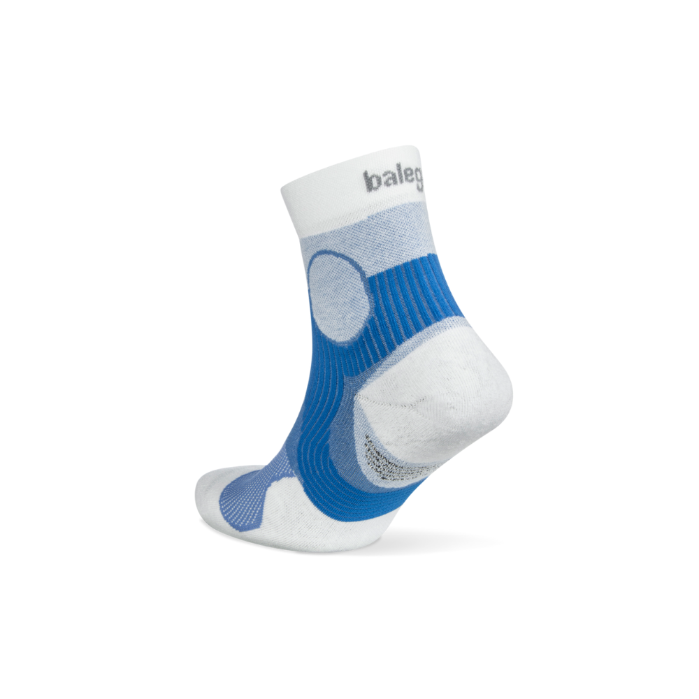 Balega Support running socks blue white showing oval ankle protection pads and left/right foot construction