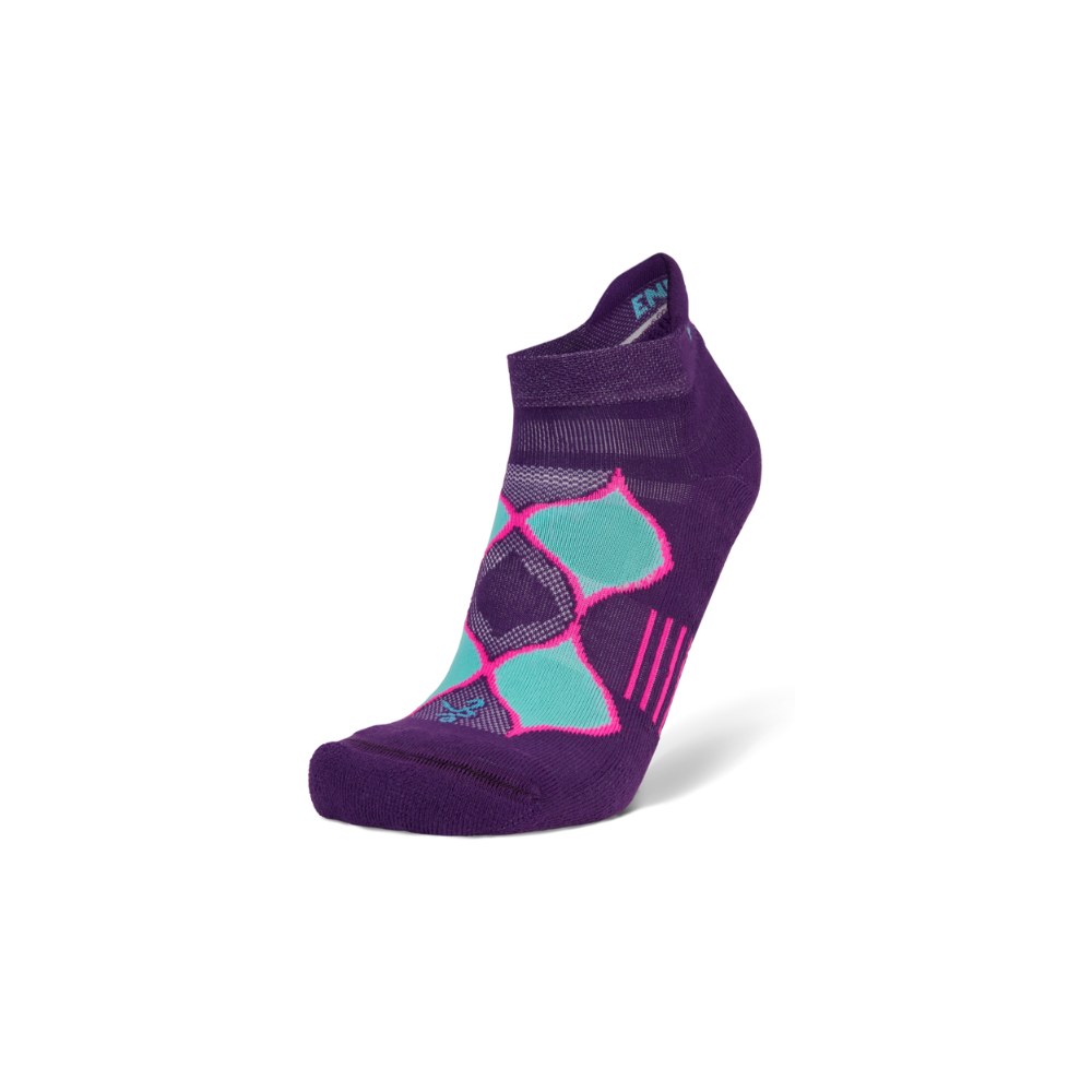 Balega women's Enduro running socks in purple and watermelon with V-Tech arch support and Drynamix moisture-wicking