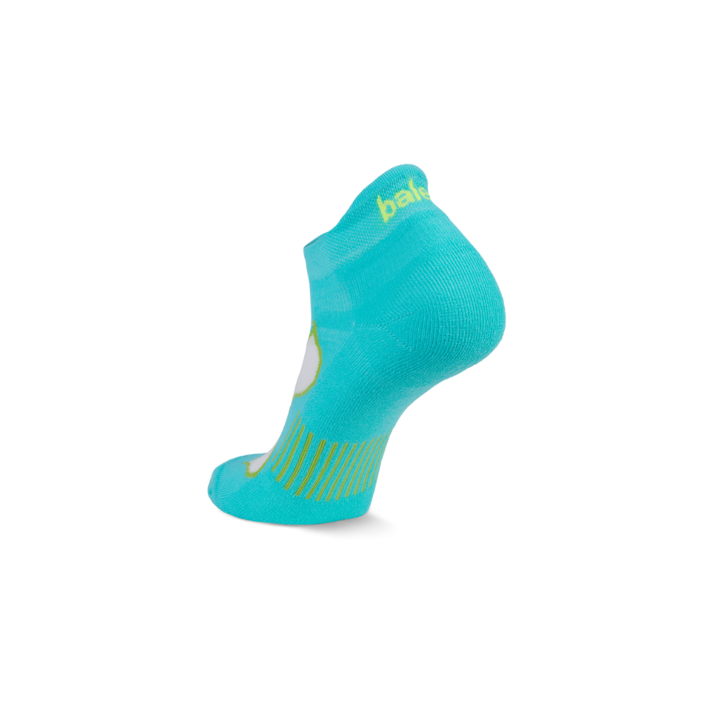 Balega women's Enduro running socks turquoise lime showing reinforced heel pocket and microfiber mesh ventilation