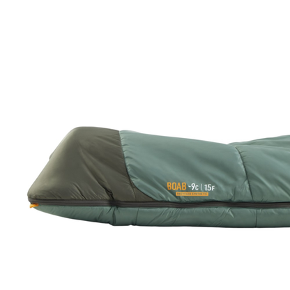Green sleeping bag with BOAB branding on a white background
