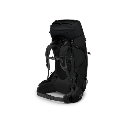 Back view of Osprey Aether 65 pack Black featuring aluminum frame system and expedition-grade load management features