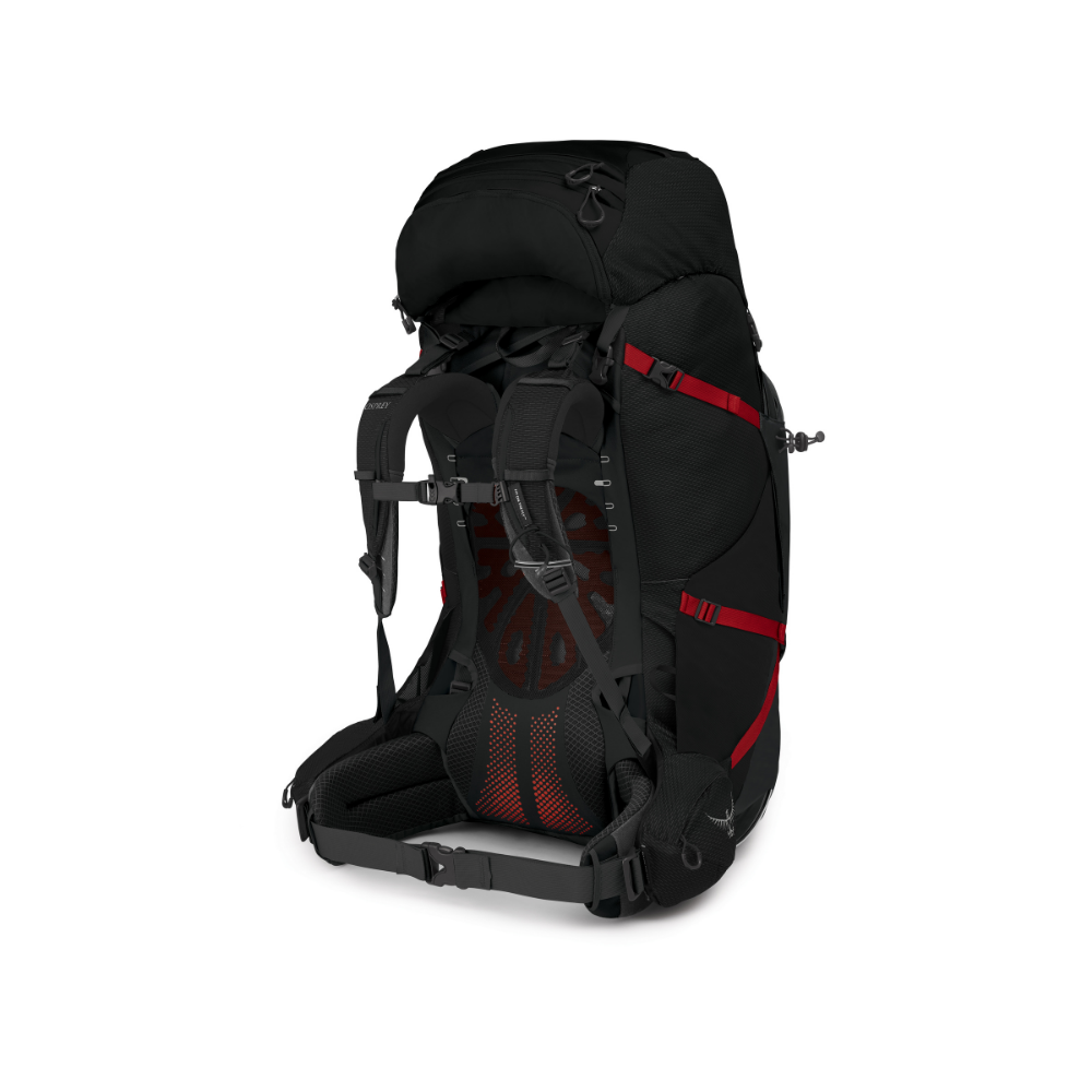 Back view of Osprey Aether Plus 100 pack Black featuring enhanced beefier frame suspension and ultimate load-hauling design