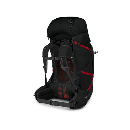 Back view of Osprey Aether Plus 100 pack Black featuring enhanced beefier frame suspension and ultimate load-hauling design