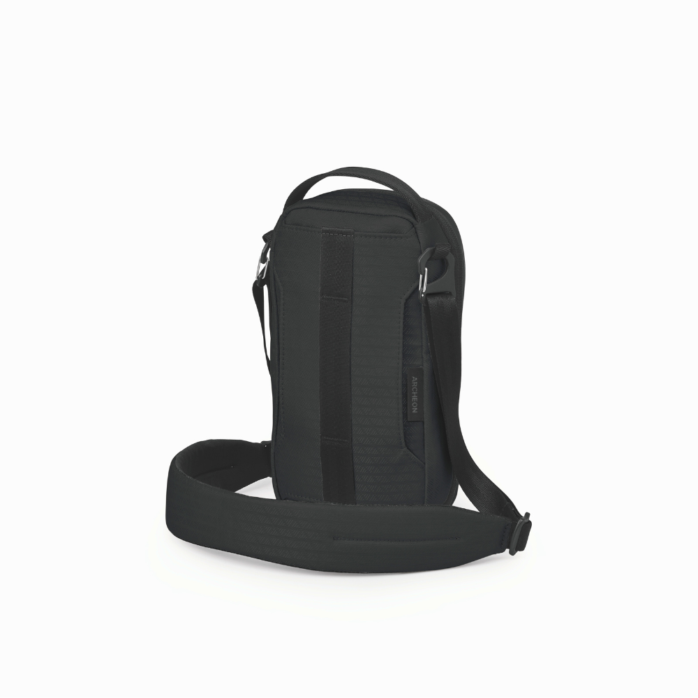 Back view of Osprey Archeon Pouch black featuring quick-release mounting points and tactical webbing