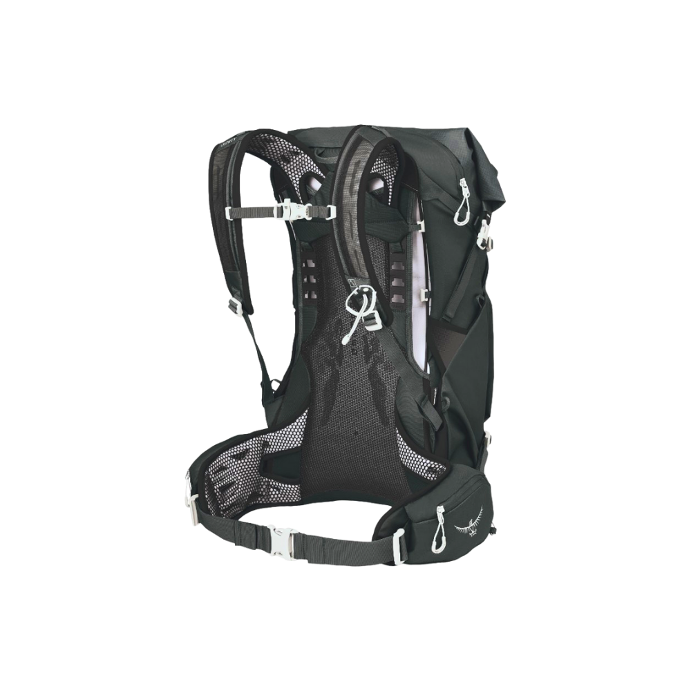 Back view of Osprey Downburst 36 pack Dark Charcoal featuring ventilated mesh backpanel and adjustable torso length system