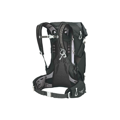 Back view of Osprey Downburst 36 pack Dark Charcoal featuring ventilated mesh backpanel and adjustable torso length system