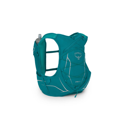 Back view of Osprey Dyna 1.5 women's hydration pack Verdant Green featuring direct-zip access and mesh construction