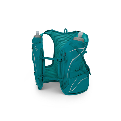Back view of Osprey Dyna 6 hydration vest Verdant Green featuring direct-zip reservoir access and higher back profile for women