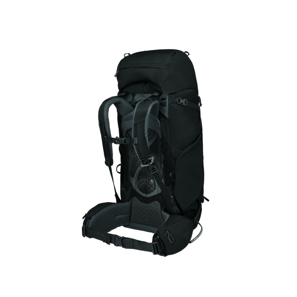 Back view of Osprey Kestrel 58 pack Black featuring men's-optimized LightWire frame and professional black aesthetics