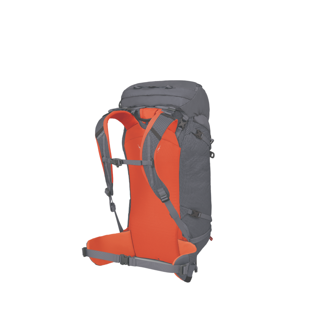 Back view of Osprey Mutant 38 alpine pack Tungsten Grey featuring snow-shedding backpanel and professional load distribution system