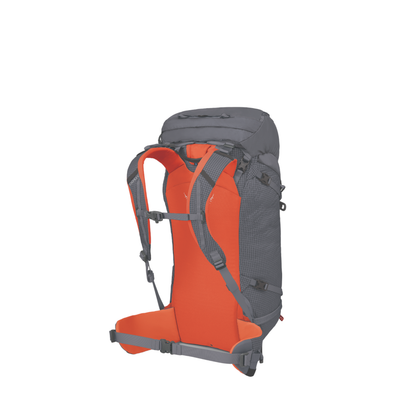 Back view of Osprey Mutant 38 alpine pack Tungsten Grey featuring snow-shedding backpanel and professional load distribution system