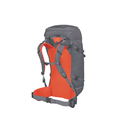 Back view of Osprey Mutant 52 alpine pack Tungsten Grey featuring snow-shedding backpanel and expedition-grade load distribution system