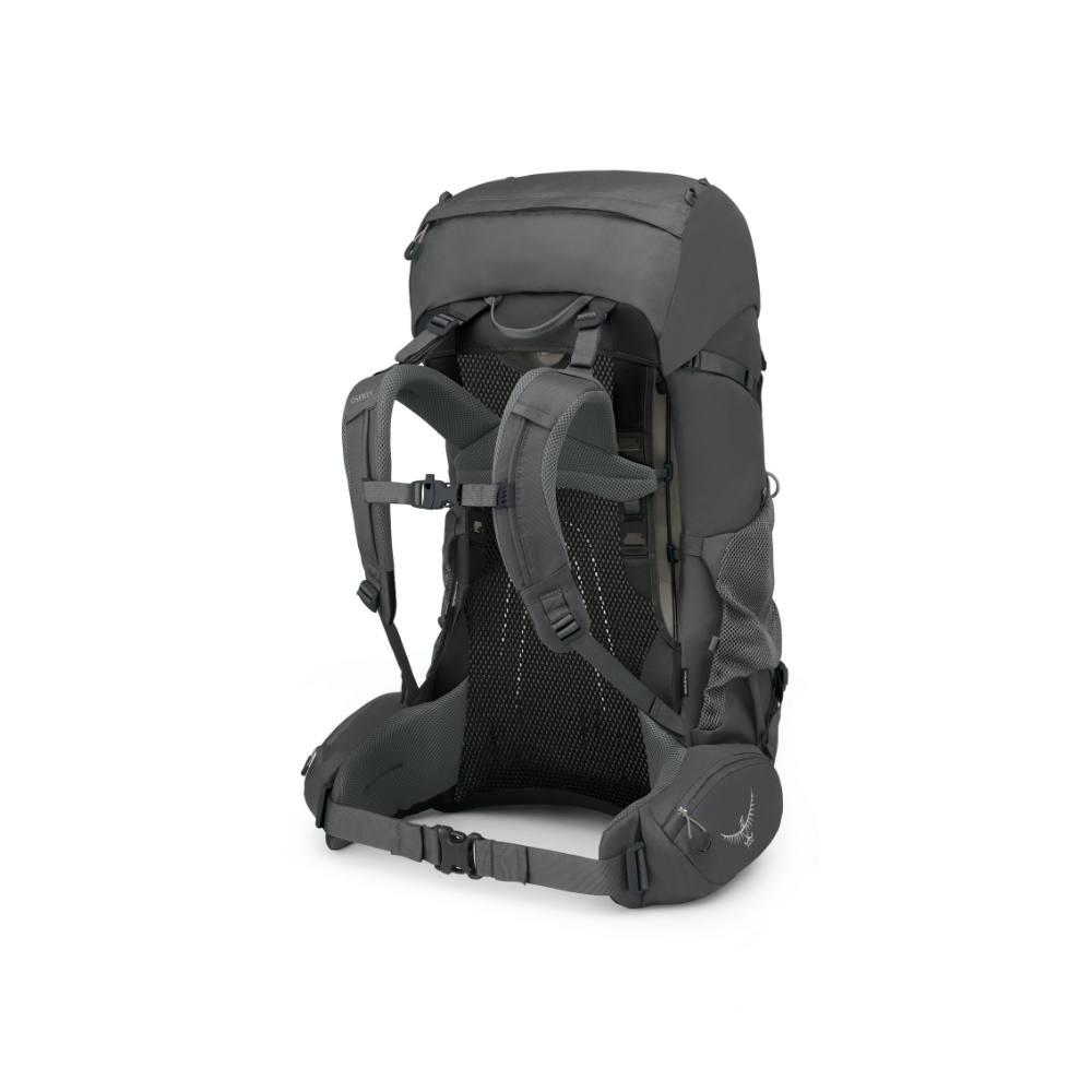 Back view of Osprey Renn 65 Dark Charcoal Grey Wolf featuring tensioned mesh backpanel with breathable comfort design
